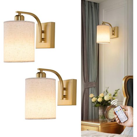 Lot de 2 Appliques Murales LED Dorées Rechargeables, Abat-Jour en Tissu, 3 Températures de Couleur, Sans Fil avec Télécommande (1/5)