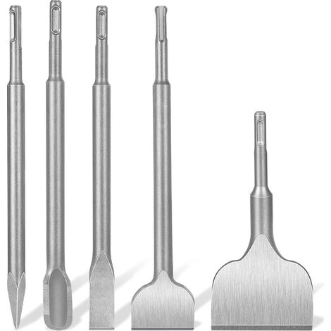 Set di scalpelli SDS Plus da 5 pezzi: scalpello largo, scalpello piatto, scalpello a punta e scalpello a U per muratura di piastrelle, muratura, granito, cemento. (1/5)
