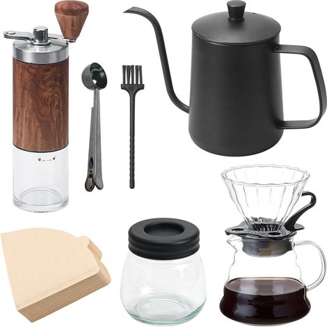 7-teiliges manuelles Kaffeemühlen-Set, tragbares Kaffeebrühset, einstellbarer Mahlgrad mit 600-ml-Wasserkocher, ideal für Reisen und Picknicks im Freien (100 Filter) (1/5)