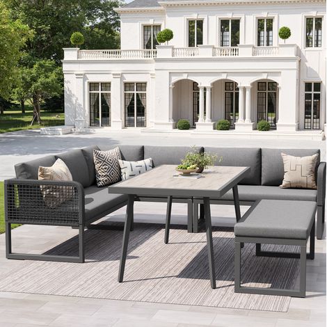 OKMYHOME Conjunto de muebles de jardín de ratán PE gris con mesa y cojines (1/5)