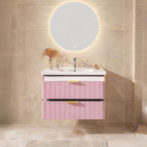 Meuble vasque suspendu avec vasque céramique blanc et rose 2 (1/5)