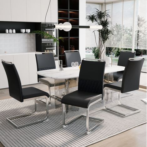 Lot de 6 chaises de salle à manger avec dossier ergonomique en cuir régénéré et tissu, assise rembourrée, structure métal noire  CHICFURN (1/5)