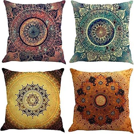 Taie d'oreiller, Lot de 4 en Coton et Lin Imprimé Indien Hippie Bohémien Coloré Mandala Fleur Housse De Coussin carré pour Lit Voiture De La Maison Canapé 45 x 45 cm (1/5)