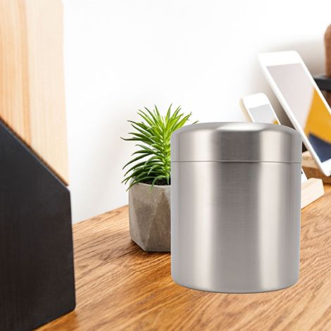 Poubelle de bureau Stainless Steel Compact rotative rond 304 12x14.5cm Noir métal 4.7x5.7in 1pc design minimaliste légère pour cuisine bureau appartement (1/5)