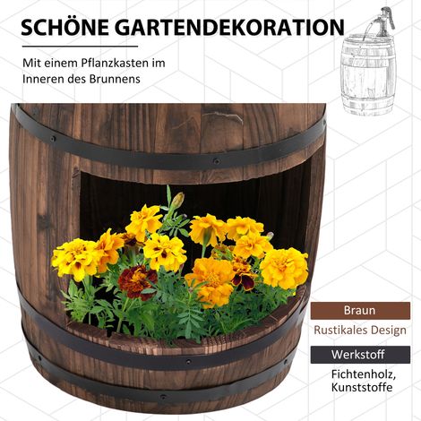 Fontaine extérieure en forme de barrique, bassin décoratif en bois de sapin brun foncé, Ø 27 x 59 cm, avec jardinière intégrée (1/4)