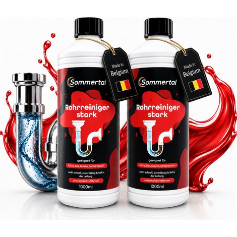 Sommertal Rohrreiniger stark 2 Liter, Abflussreiniger extra stark pH 14 Rohrfrei gegen Verstopfungen & Gerüche, für Küche Bad Dusche, PVC & Gummi (1/5)