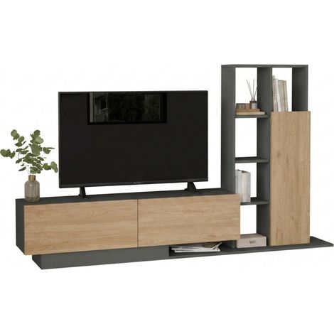 Meuble TV et Etagère 3 Portes 11 Niches Chêne et Gris L 201,2 H 123,6 P 29,5 cm (1/5)
