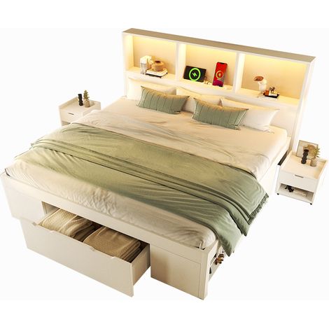 Lit double blanc 140x190 cm avec coffre de rangement et 2 tables de chevet roulantes, sommier en bois fonctionnel avec éclairage LED et port de charge USB-C, cadre de lit à tiroirs et étagères, sans m (1/5)