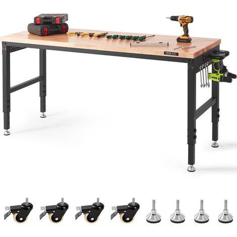 Établi réglable, 1830 x 635 mm, table de travail de garage avec roues universelles, hauteurs de 71,1-100,3 cm, 1361 kg, avec prises de courant, plateau en bois dur et repose-pieds, pour bureau (1/5)