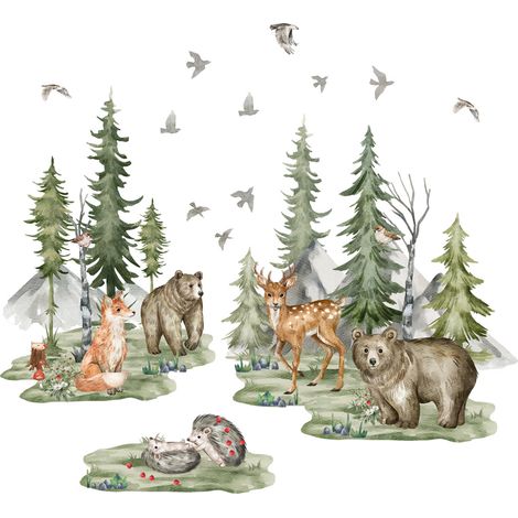 1 Sticker mural, Vinyle, Animaux forêt, Décor chambre bébé, Salon (1/5)
