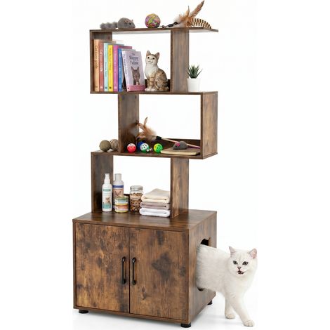 Meuble Litière Chat 2 en 1 avec Étagères de Rangement Maison de Toilette Chat avec 2 Portes, Entrée Latérale, Trous d'Aération, 60x45x141 cm, Marron (1/5)