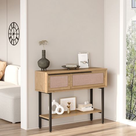 Mesa consola Kvænangen con compartimentos 100x30x76cm - Efecto Roble [en.casa]