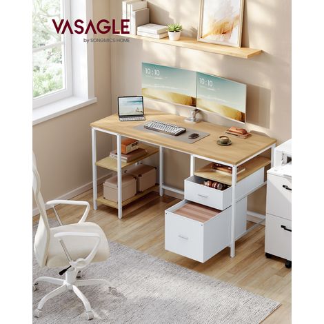 Vasagle – Bureau droit 140 x 60 x 76 cm – 2 tiroirs en tissu – Étagère centrale amovible – Structure en acier robuste – Couleur chêne naturel et blanc perle
