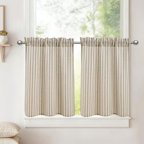 DWCN Lot de 2 voilages courts aspect lin à rayures taupe - 45 x 60 cm (H x l) - Semi-transparents - Modernes pour rideau de bistrot, rideau d'armoire maison de campagne, rideaux de cuisine, salon (1/5)