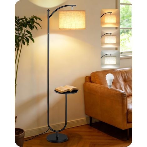 Floor Lamp with Table, Black and Beige 3 Temperatures, Memory, Adjustable Head, Natural Linen Lampshade, Foot Switch, for Living Room, Bedroom, Office (1/5)