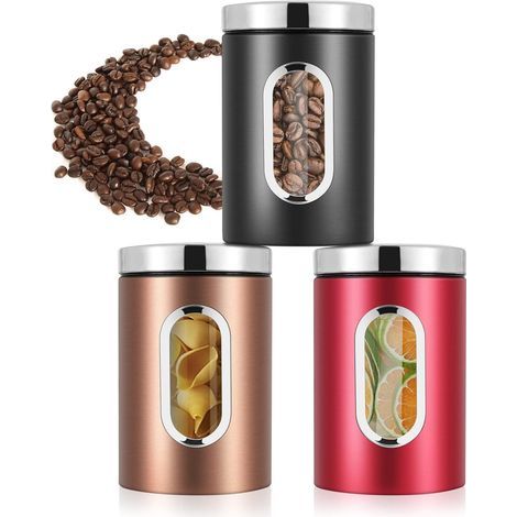 Stainless Steel Airtight Coffee Jar, Kitchen Storage Container, Set of 3 Airtight Food Jars with Window (1/4)
