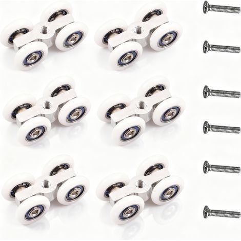 Roulettes pour portes coulissantes, 6 pièces, roulettes silencieuses roulette porte coulissante à 4 roues, roulette Ø 20 mm pour portes coulissantes, système de roulettes pour portes de douche