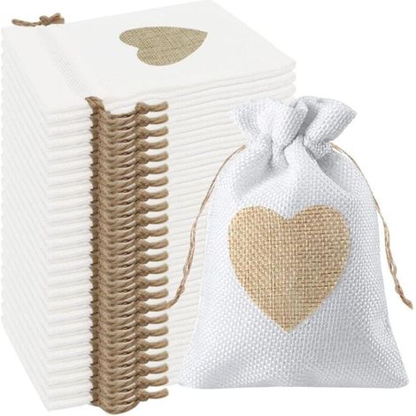 Jutebeutel mit Herzmuster, 10 x 14 cm, für Hochzeitsgeschenke, Süßigkeiten, Geschenke, Taufe, Geburtstag, Weihnachten, klein (weiß), 24 Stück