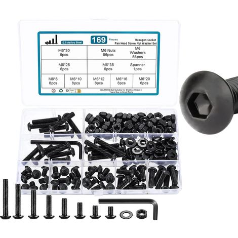 169 Pcs Vis et écrous, M6 Vis Boulons et écrous, Vis et Boulon et Rondelles Set, Vis à Tête Hexagonale, Assortiment Kit, Visserie Boulons Vis à Six Pans Creux à Tête Ronde pour Réparation, Noirs (1/5)