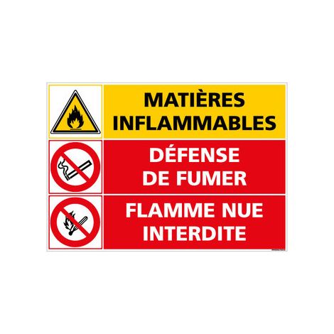 PANNEAU DANGER MATIERES INFLAMMABLES DEFENSE DE FUMER (C1402) - Adhésif - 420 x 300 mm