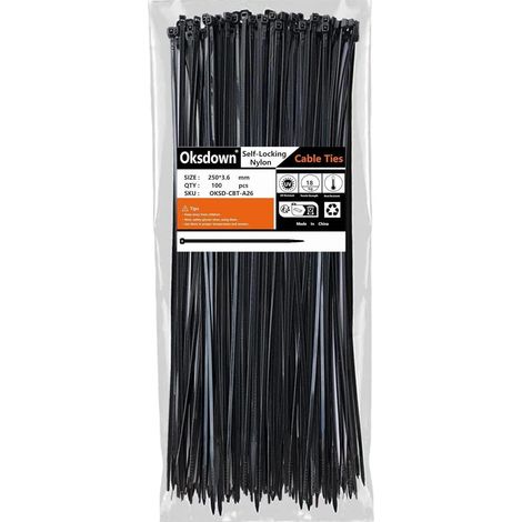 Colliers de serrage noirs 250mm x 3.6mm, lot de 100, résistants aux UV, nylon 6.6, 18.2kg (1/5)