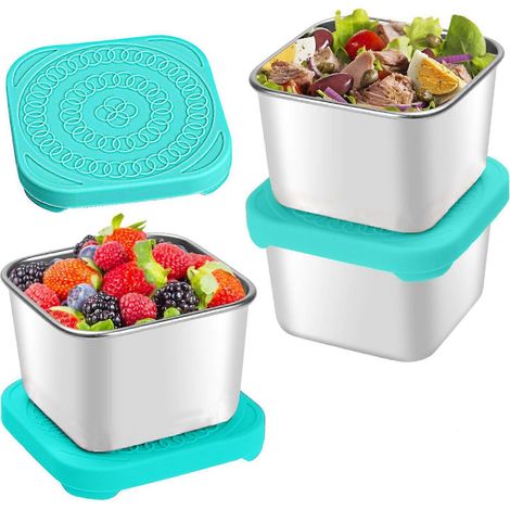 Lot de 3 boîtes à goûter en acier inoxydable de 170 ml (6 oz), faciles à ouvrir et étanches, avec couvercles en silicone. Petites boîtes de conservation en métal. (1/5)