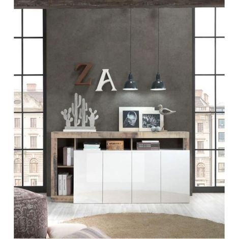 Buffet MAESTRO - Panneaux de particules - Effet Bois Vintage et blanc Laqué - 4 portes - L 184 x P 42 x H 93 cm (1/5)