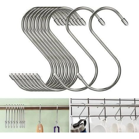 20x crochets en forme de S en acier inoxydable suspendus grands cintres placard à ustensiles de cuisine (1/4)