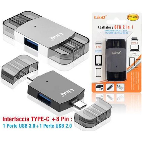 Adaptateur Otg 2 En 1 Type-c + Lightning + 2 Ports Usb Femelles Otg-u829 Pour Transfert De Données (1/5)