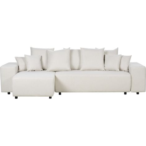 Sofá cama esquinero de tela con cojines estilo moderno a la derecha en beige claro Luspa