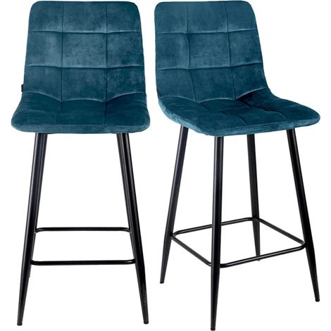 Lot 2 tabourets de bar en velours bleu pieds métal noir – NAMI 2 (1/5)