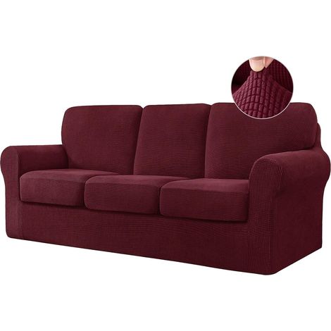Stretch sofa cover with separate cushions and backrests, Jacquard stretch sofa cover, decorative sofa slipcover for living room or bedroom (3-seater, wine red) (1/5)