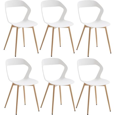6er Set Esszimmerstühle Nordisch mit Hohlrückenlehne und Holzoptik-Metallbeinen - Weiß (1/5)