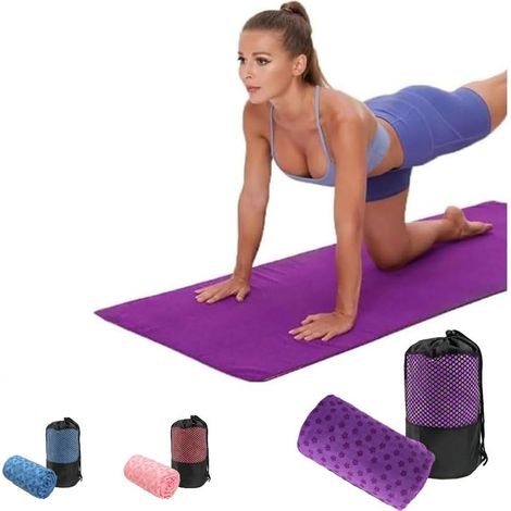 Yoga-Handtuch – Atmungsaktiv und rutschfest – Schnelltrocknendes Yogamattenmaterial – Atmungsaktive Yogamatte mit Aufbewahrungsbeutel aus Netzgewebe – Geeignet für Hot Yoga, Pilates und Fitness – Lila (1/5)