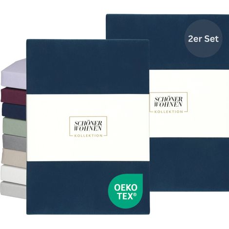 SCHÖNER WOHNEN Spannbettlaken BASIC - 2er Set 100x200 cm, Blau