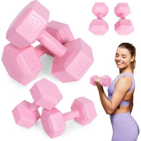 Hex dumbbells set 2x5 kg, exercise weights, fitness load, pink, ModernHome (1/5)
