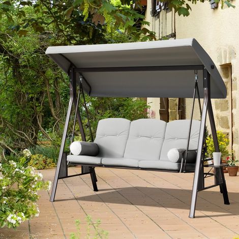 Altalena da giardino a 3 posti con tettuccio inclinabile regolabile, cuscini e vassoi, 116 x 206 x 183 cm, poliestere grigio chiaro