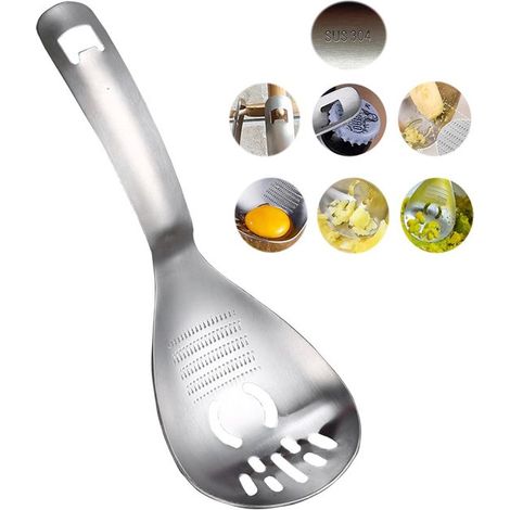 Spatola/cucchiaio multifunzionale con scanalature, divisorio da cucina multifunzionale in acciaio inox 304, cucchiaio per pasta, trita zenzero, pressa per patate, separatore di uova. (1/5)