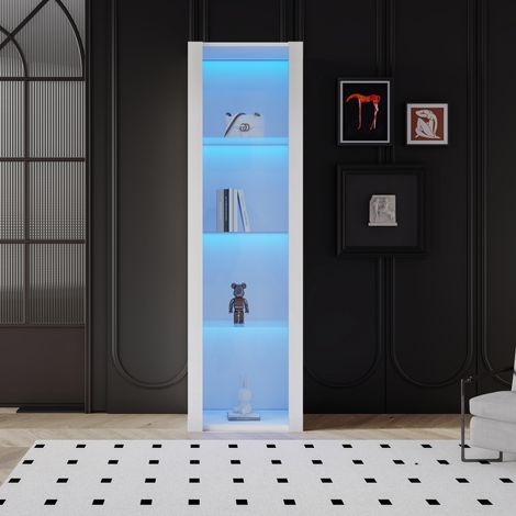 Vitrine, en verre, 3 niveaux de rangement, éclairage LED, blanc, 166 cm, pour maison et usage quotidien, armoires de rangement, armoires hautes
