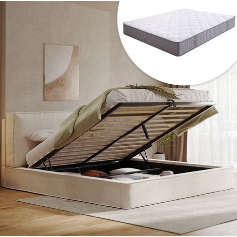 Letto matrimoniale imbottito 180 x 200 cm con contenitore idraulico e materasso, beige (1/5)