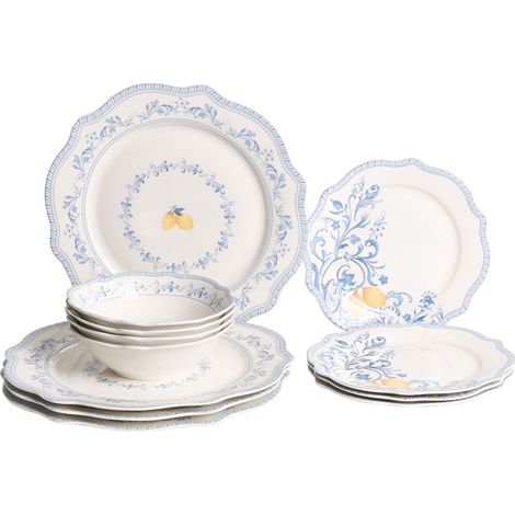 Set of 12 Dinnerware White Blue Porcelain Glaze Finish Leaf Pattern Bowls Plates Kitchen Dining Room LOVAGE