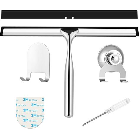 Raclette de douche en acier inoxydable, 25 cm avec raclette de rechange, raclette de douche avec support, raclette pour fenêtre de salle de bain, raclette pour miroir et carrelage, nettoyage (1/5)