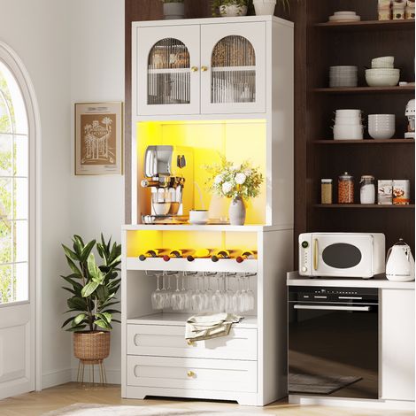Buffet haut 70x40x180 cm en MDF blanc, avec rangement, LED App pour salle à manger FloraGrace (1/5)
