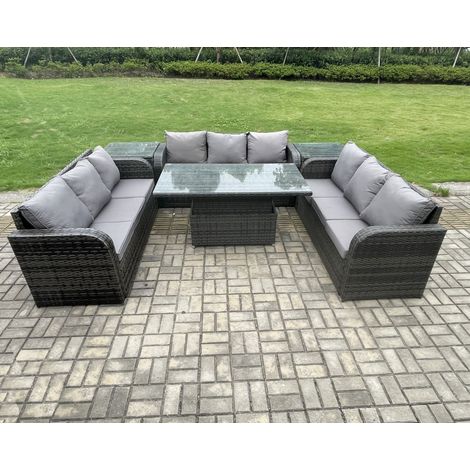 Fimous Patio Garden Dining Set Outdoor Rattan Furniture Lounge Sofa Height Adjustable Rising lifting Table With 2 Side Tables Dark Grey Mixed (1/4)
