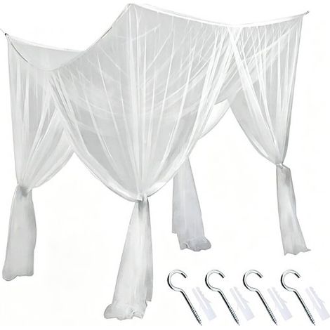 Moustiquaire pour lit simple ou double avec 4 ouvertures, kit de suspension inclus, polyester à mailles fines, 210 x 190 x 240 cm, blanc, 1 pièce (1/5)