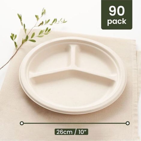 Assiettes Jetables - 3 Compartiments - En Bagasse De Canne À Sucre - 26 Cm - Lot De 90 (1/5)