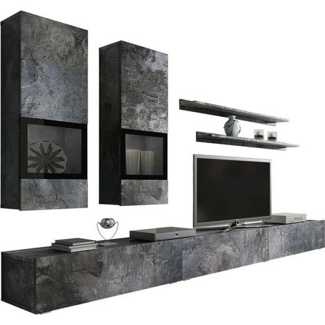 Meublorama – Ensemble de meubles de salon gris effet ardoise – 1 meuble TV XL, 2 vitrines suspendues – Éclairage LED intégré – Panneaux MDF