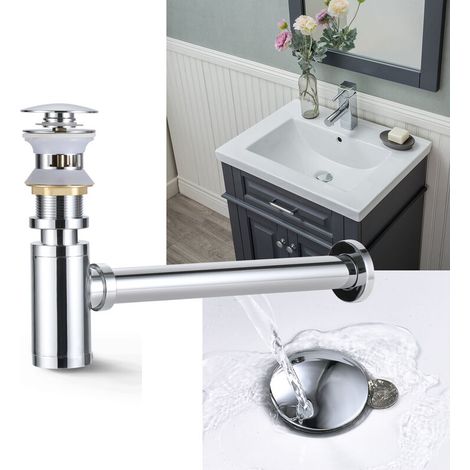 LUCKY-88 Bonde + Siphon de Lavabo Push et Pop Up avec Trop-Plein Set de Siphon Mural en Laiton Chromé Ensemble de Vidange Universel Accessoire de Salle de Bain - Chrome (1/5)