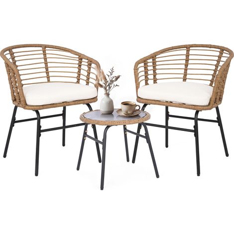 COSTWAY Set Salotto Salottino Mobili Giardino Esterno 2 Posti Tavolo Tavolino Rotondo Vetro Sedie Divanetti Divano Poltrone Cuscino Imbottito Morbido Comodo P (1/5)