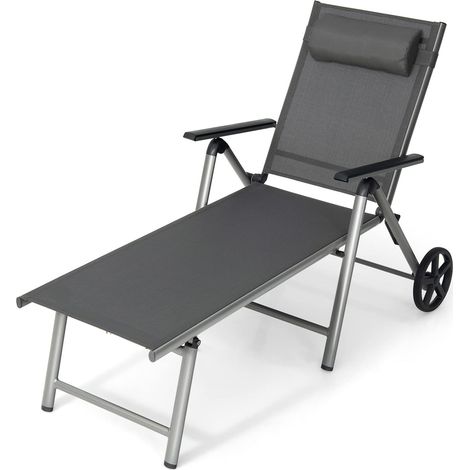 GOPLUS Chaise Longue Pliable de Jardin avec roulettes, Transat Inclinable en Aluminium avec Dossier Réglable à 7 Niveaux & Appui-tête Amovible, Résistant aux Intempéries, pour Balcon, Terrasse (1/5)